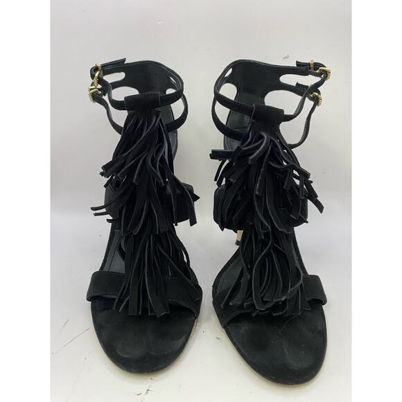 Brian Atwood Black Suede Fringe Gold Stiletto Heels Sz 7 - Picture 3 of 7